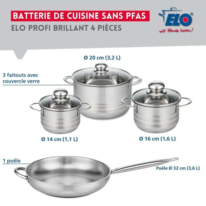 Ensemble de 1 Poêle de cuisson 32 cm et 3 faitouts 14, 16 et 20 cm Elo Profi Brillant