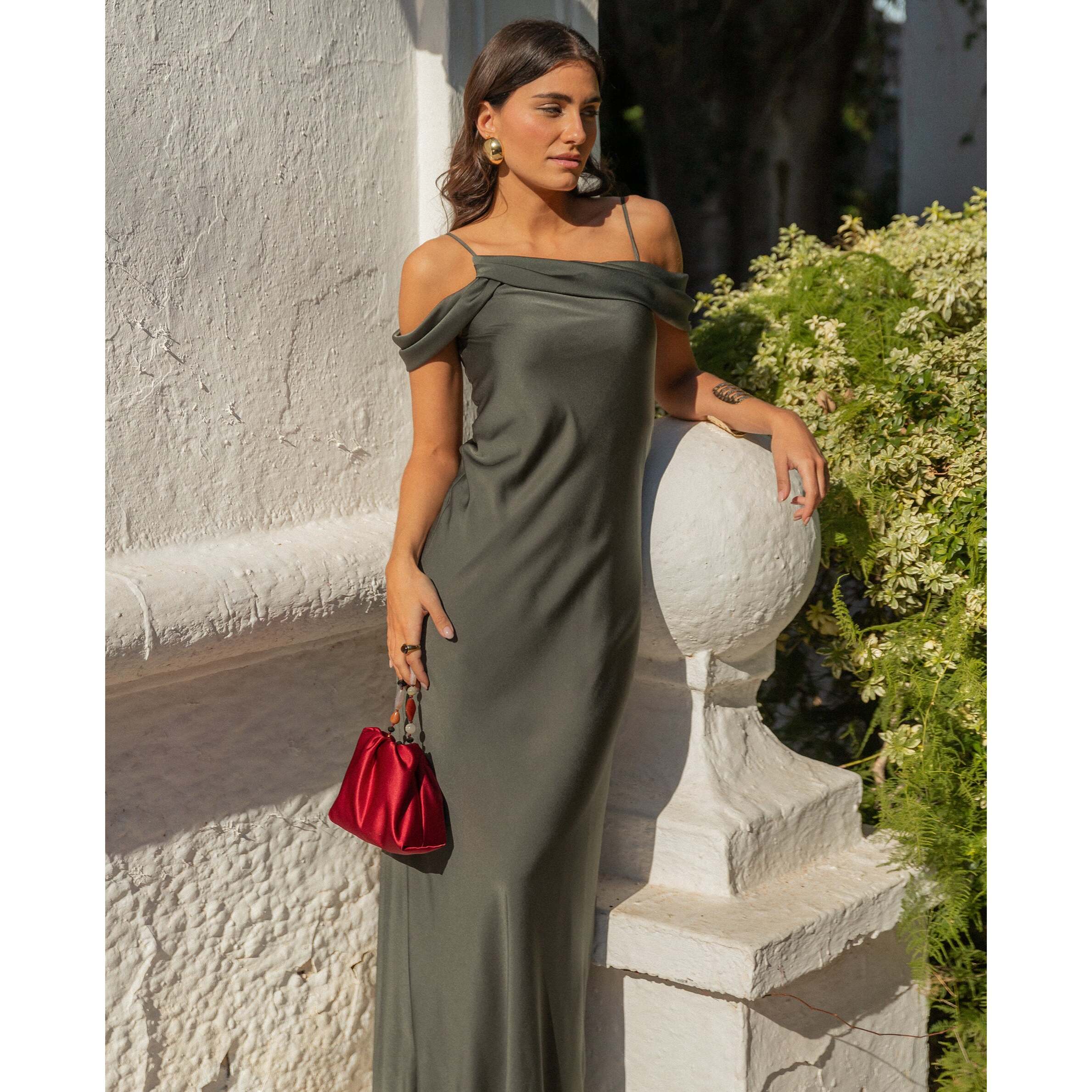 Vestido largo escote drapeado