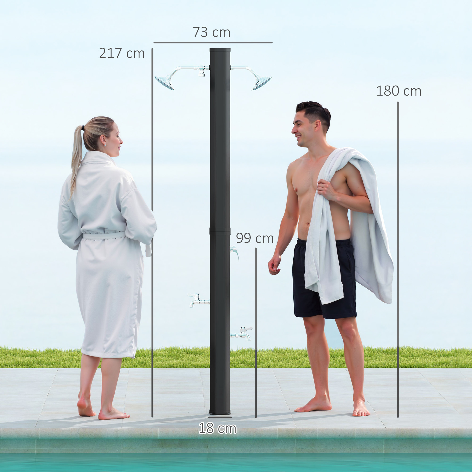 Ducha de Jardín Solar 35 L Ducha Solar Exterior con 2 Cabezales Giratorios Grifos de Pies y Agua Caliente Máximo 55 °C para Piscina Camping Patio 73x18x217 cm Negro