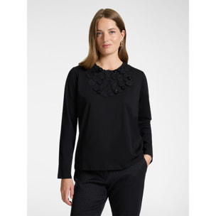 Elena Mirò - T-shirt in cotone con ricamo floreale - Nero