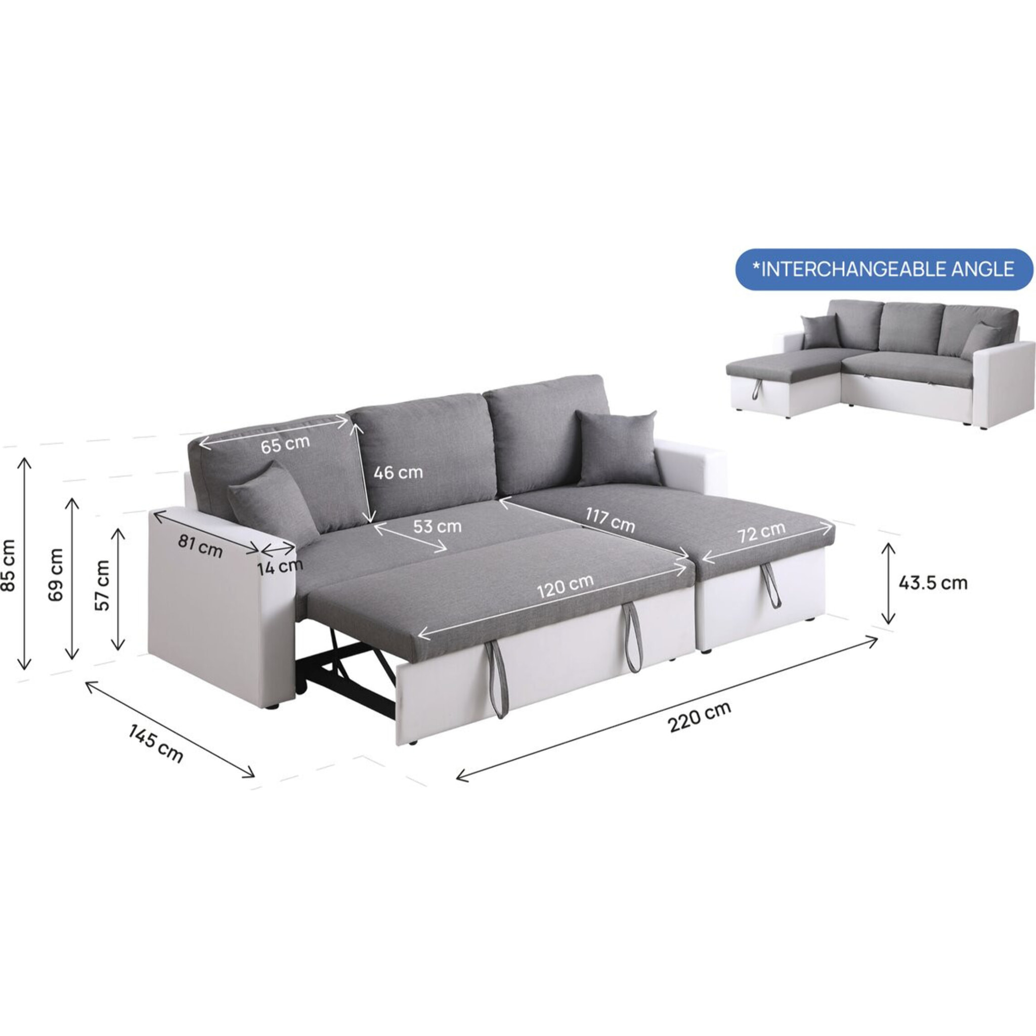 Canapé d'angle convertible/ réversible avec coffre "Alain" - 221 x 145 x 85 cm - 3 places - Gris / Blanc