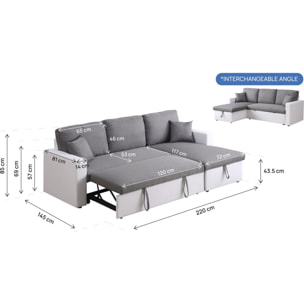 Canapé d'angle convertible/ réversible avec coffre "Alain" - 221 x 145 x 85 cm - 3 places - Gris / Blanc