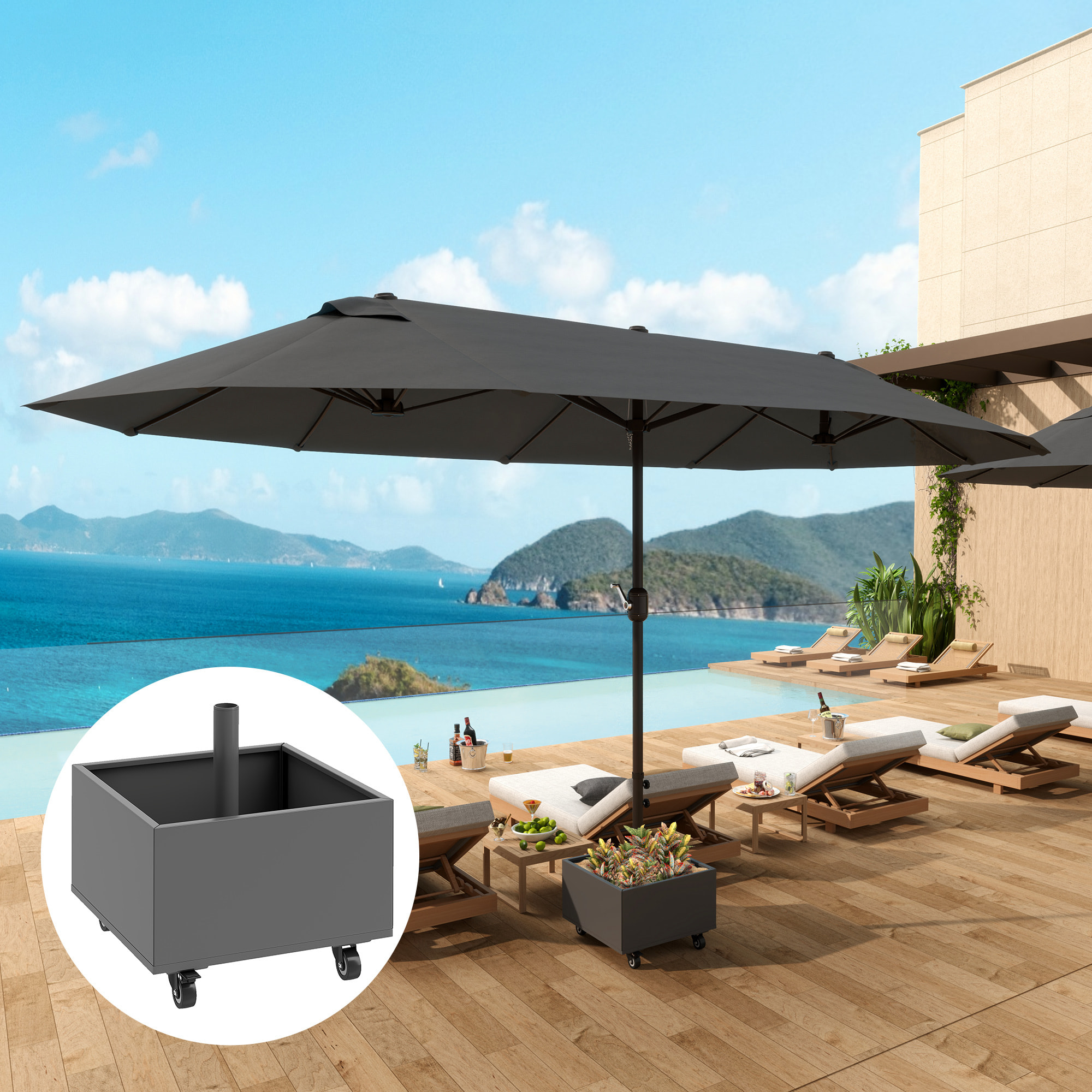 Pied de parasol carré jardinière 2 en 1 - 4 roues 2 freins - 50 x 50 x 46 cm - métal galvanisé gris