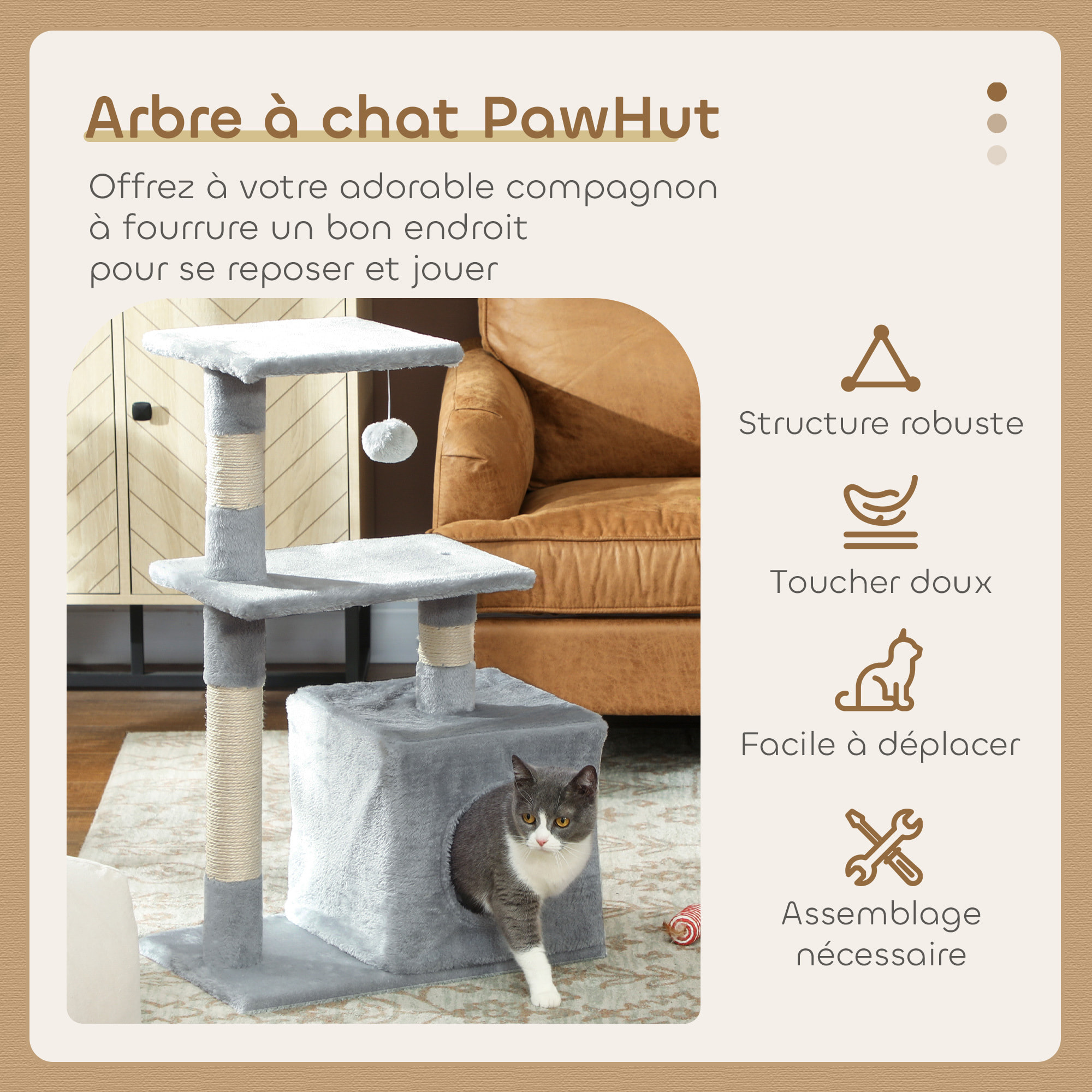 Arbre à chat H.81cm niche 3 griffoirs 2 plateformes jeu boule suspendue gris