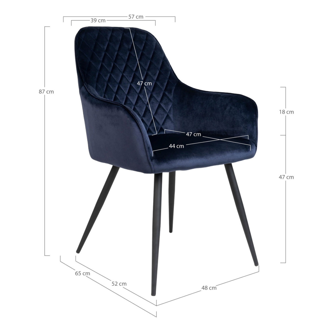 Set 2 sedie da pranzo Harbo con braccioli in velluto blu e gambe nere
