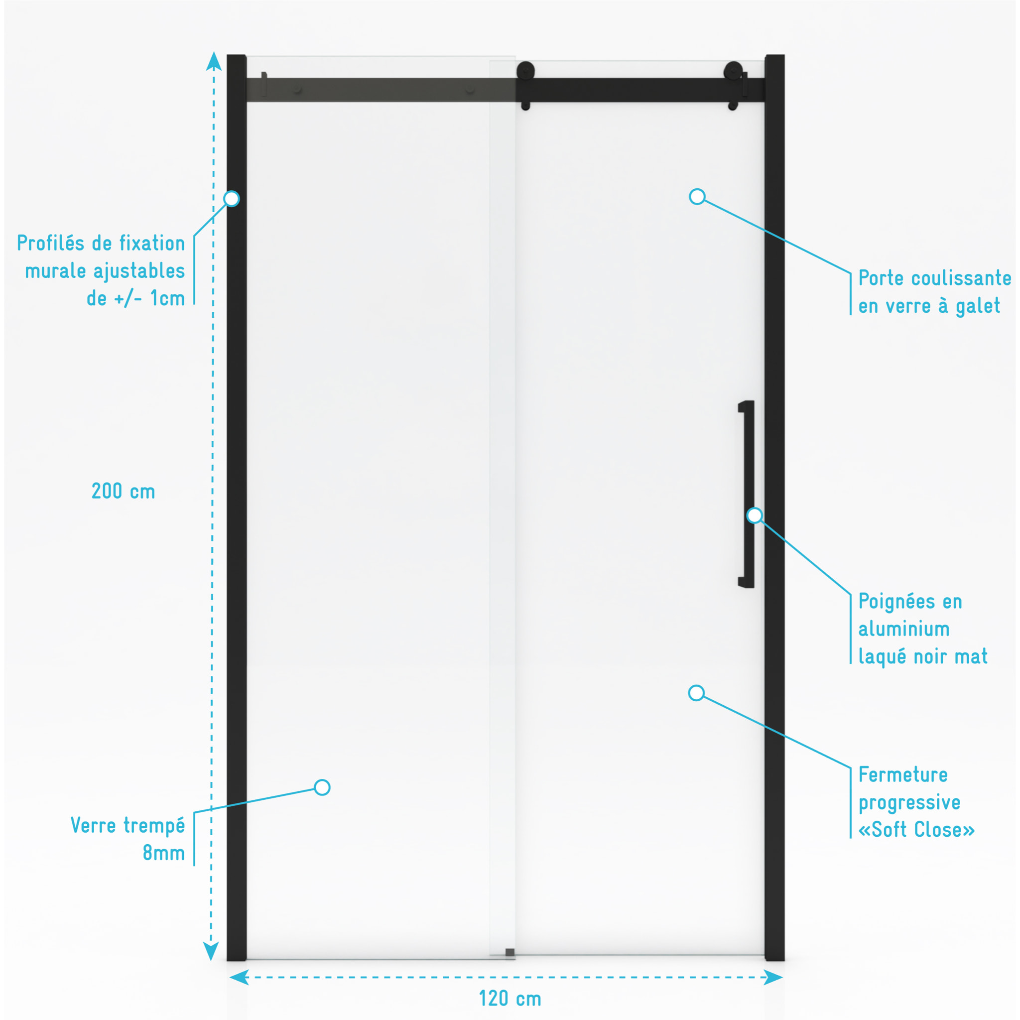 Porte de douche coulissante type industriel coulissante NOIR MAT - 120x200cm - verre trempe 8mm