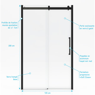 Porte de douche coulissante type industriel coulissante NOIR MAT - 120x200cm - verre trempe 8mm