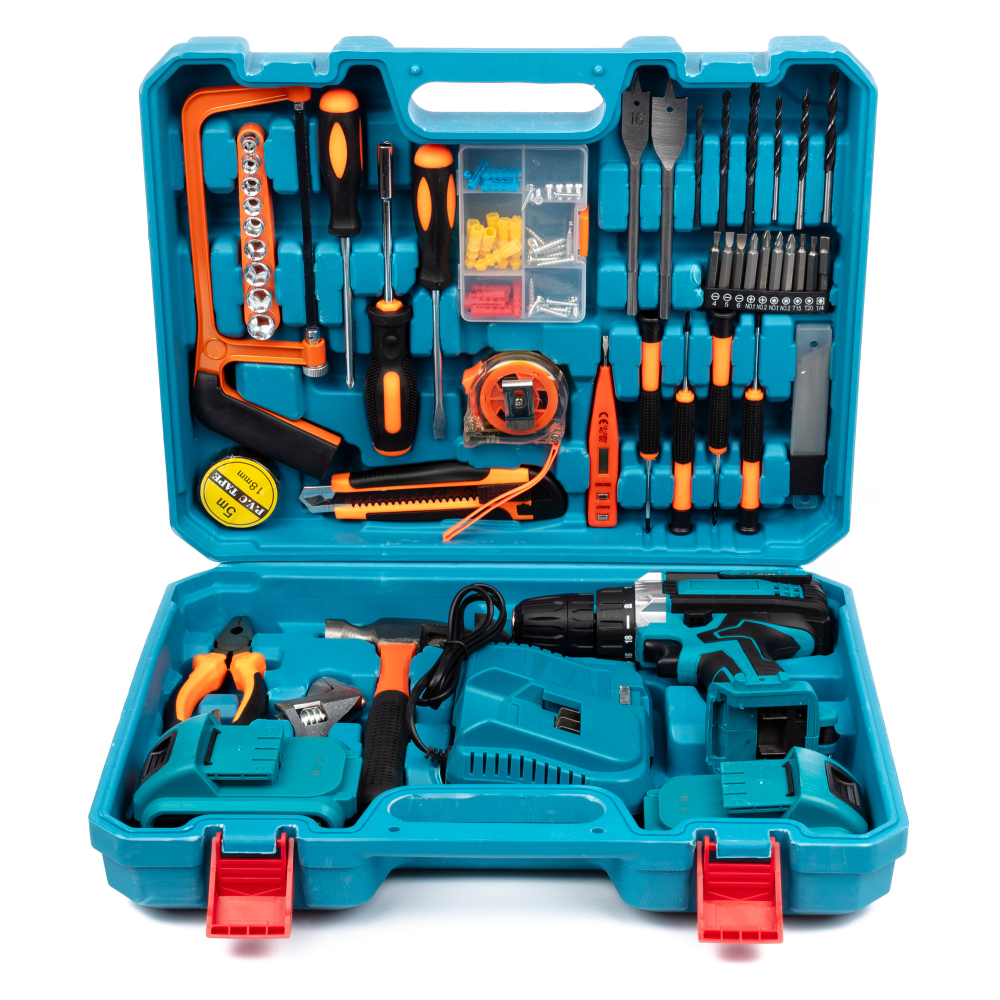 Taladro eléctrico inalámbrico 21V con doble velocidad, 45NM, maletín de transporte y 121 accesorios. 2 baterías de 6500 mAh.