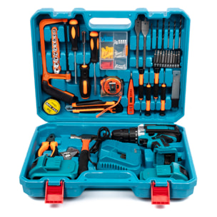 Taladro eléctrico inalámbrico 21V con doble velocidad, 45NM, maletín de transporte y 121 accesorios. 2 baterías de 6500 mAh.