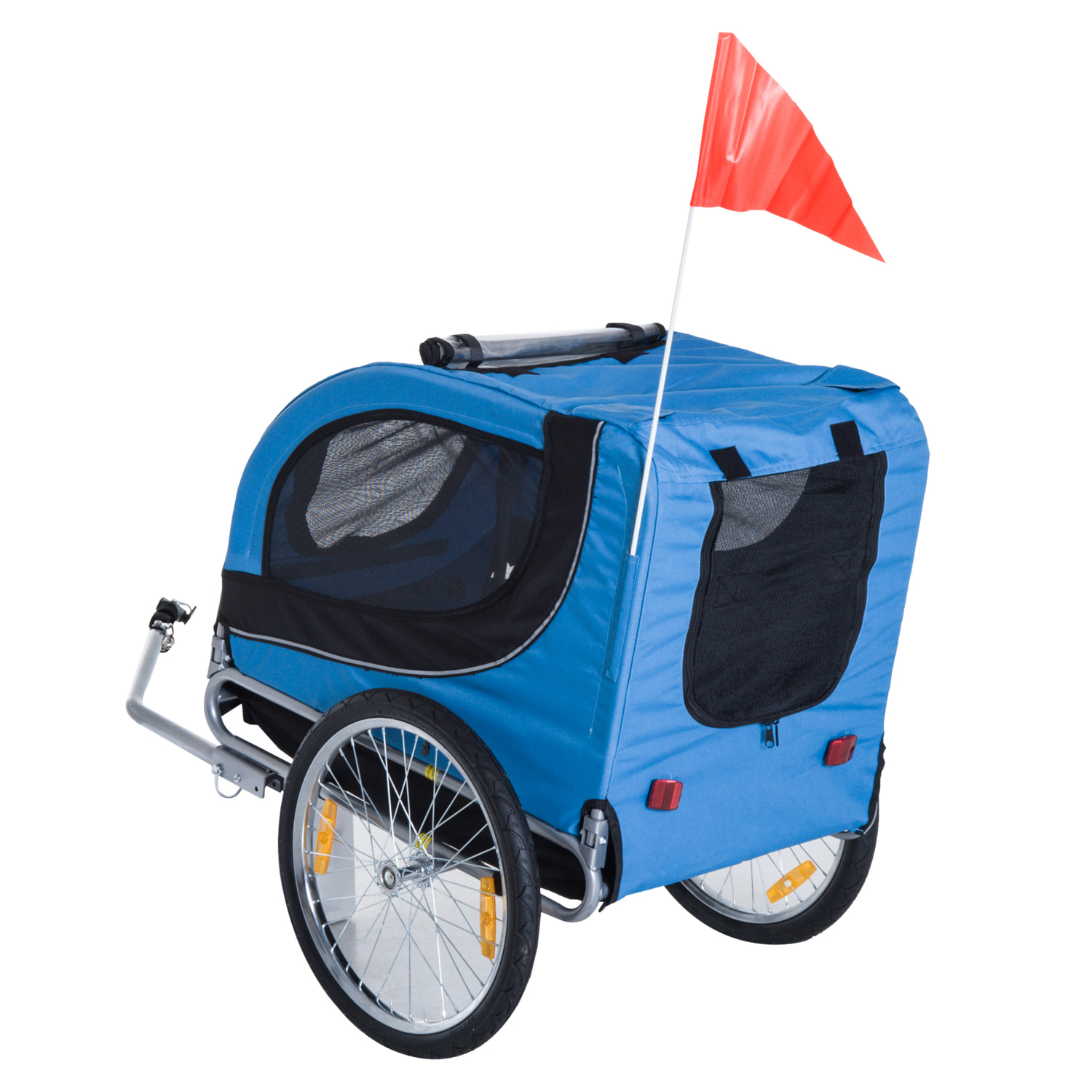 Remorque velo pour chien animaux avec 8 reflecteurs drapeau bleu noir