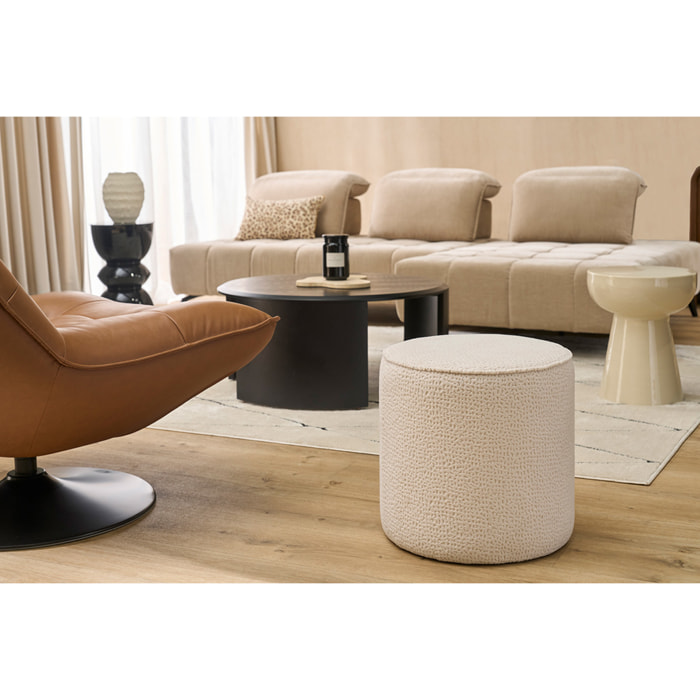 Pouf rond en tissu effet velours texturé écru à motifs D40 cm WANGA