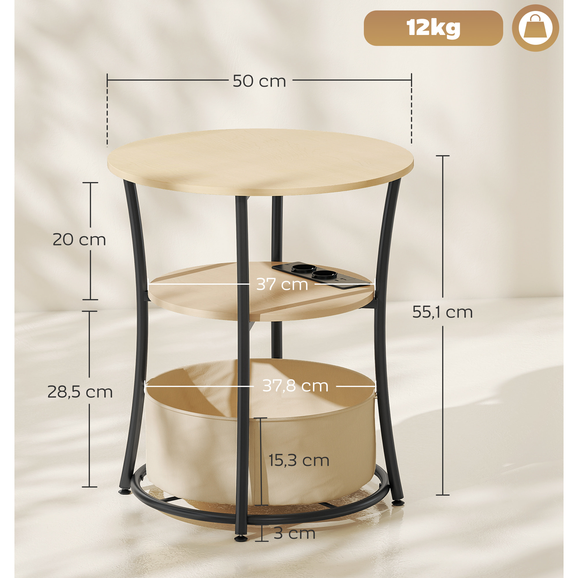 Mesa Auxiliar Redonda de 3 Niveles con Estación de Carga, Mesita Auxiliar Industrial con 2 Estantes Abiertos, Bolsa de Almacenaje, para Salón, Dormitorio, Librería, Ø50x55,1 cm, Madera Natural