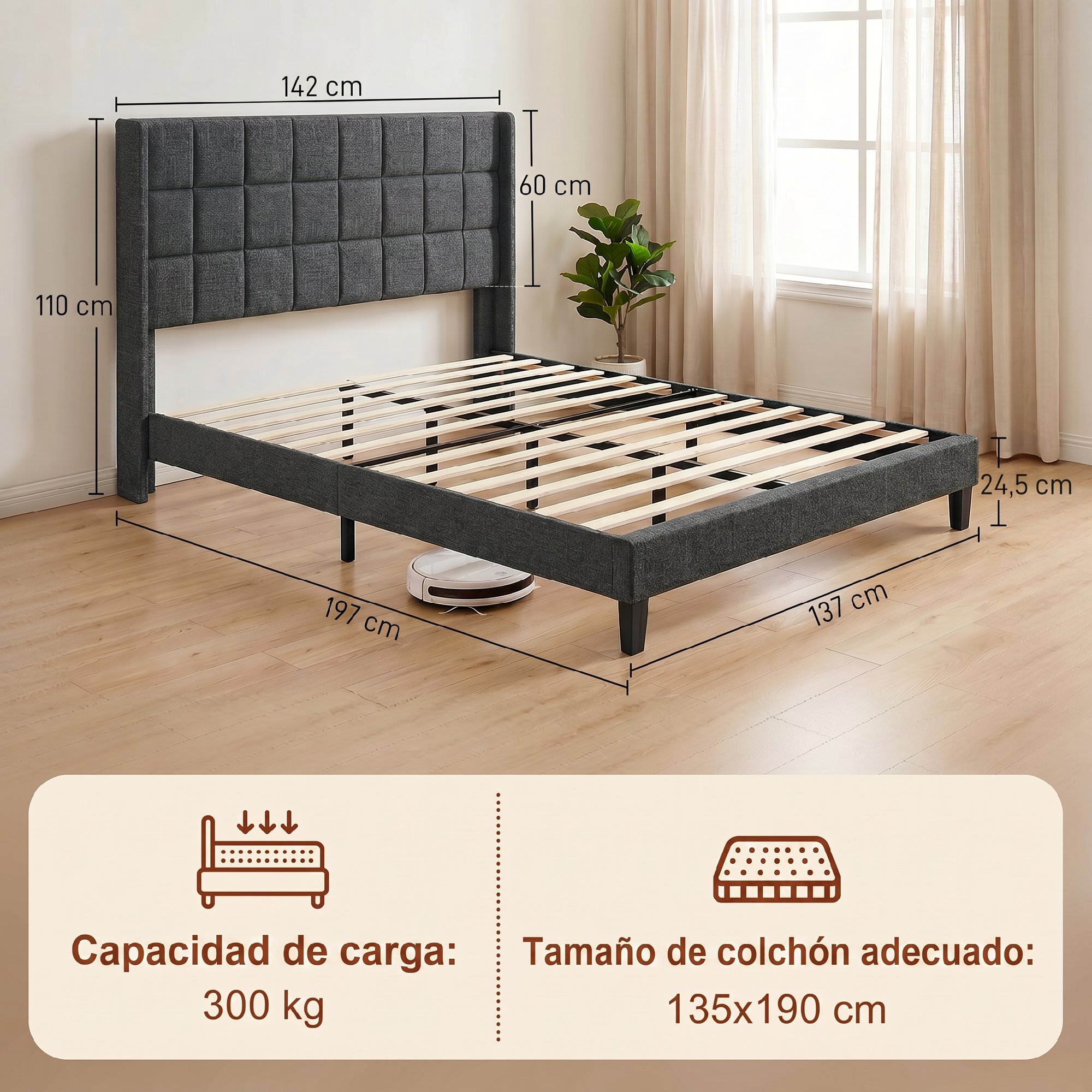 Cama Tapizada 135x190 cm con Cabecero Acolchado con Orejas y Almacenaje Inferior, Marco de Cama Doble con Somier de Lamas de Madera, Diseño Moderno, Fácil Montaje, Gris