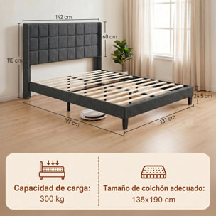 Cama Tapizada 135x190 cm con Cabecero Acolchado con Orejas y Almacenaje Inferior, Marco de Cama Doble con Somier de Lamas de Madera, Diseño Moderno, Fácil Montaje, Gris