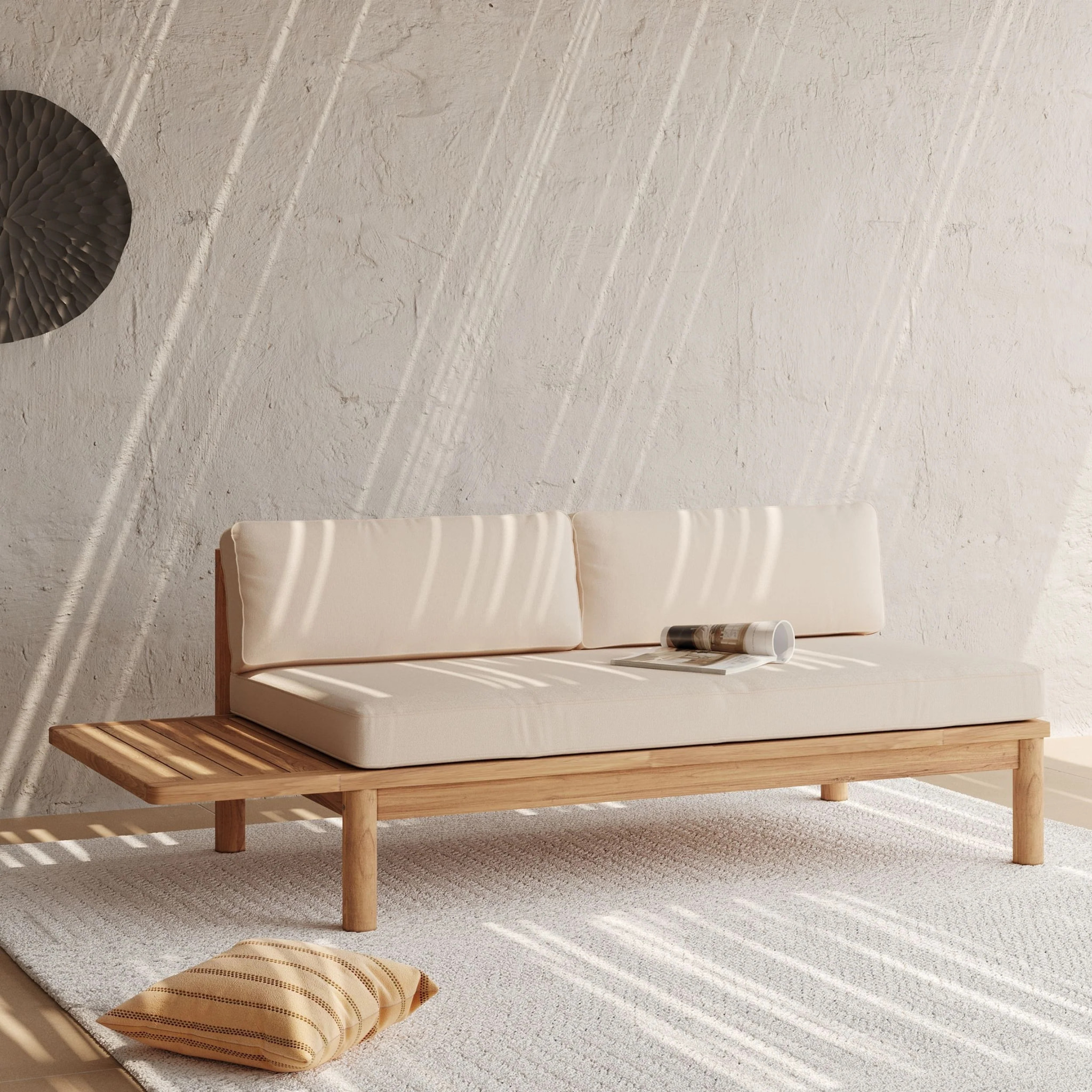 Canapé de jardin en teck massif et coussin blanc 2 places - Nadila