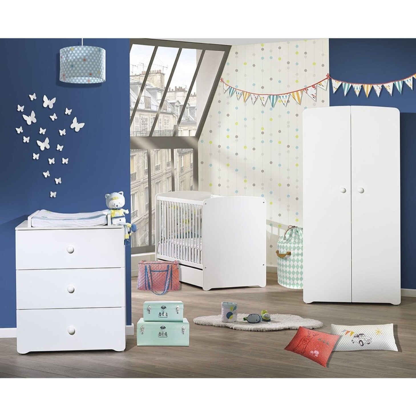 Chambre complète bébé avec lit 120x60cm, commode à langer et armoire 2 portes