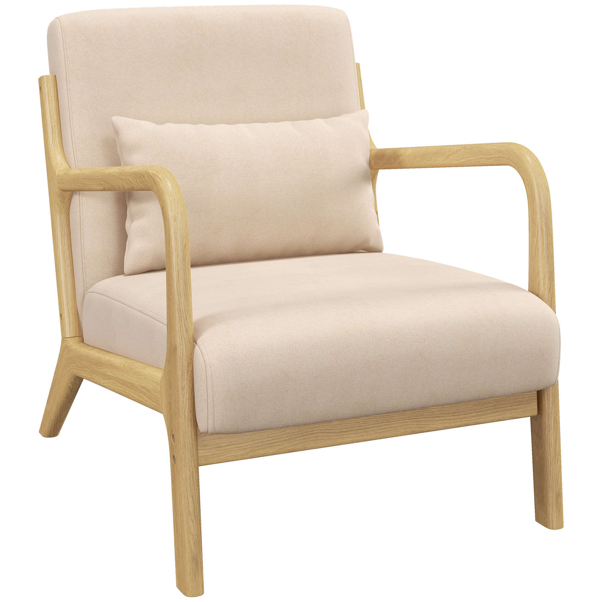 Butaca de Salón Butaca Nórdica Sillón de Salón con Reposabrazos Cojín y Marco de Madera de Caucho para Dormitorio Carga 120 kg 61x78x76 cm Beige