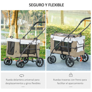 PawHut Carrito para Perros Cochecito para Perros Plegable con Vagón Desmontable 4 Puertas con Cremallera 2 Correas de Seguridad 2 Correa de Transporte y Cojín Caqui
