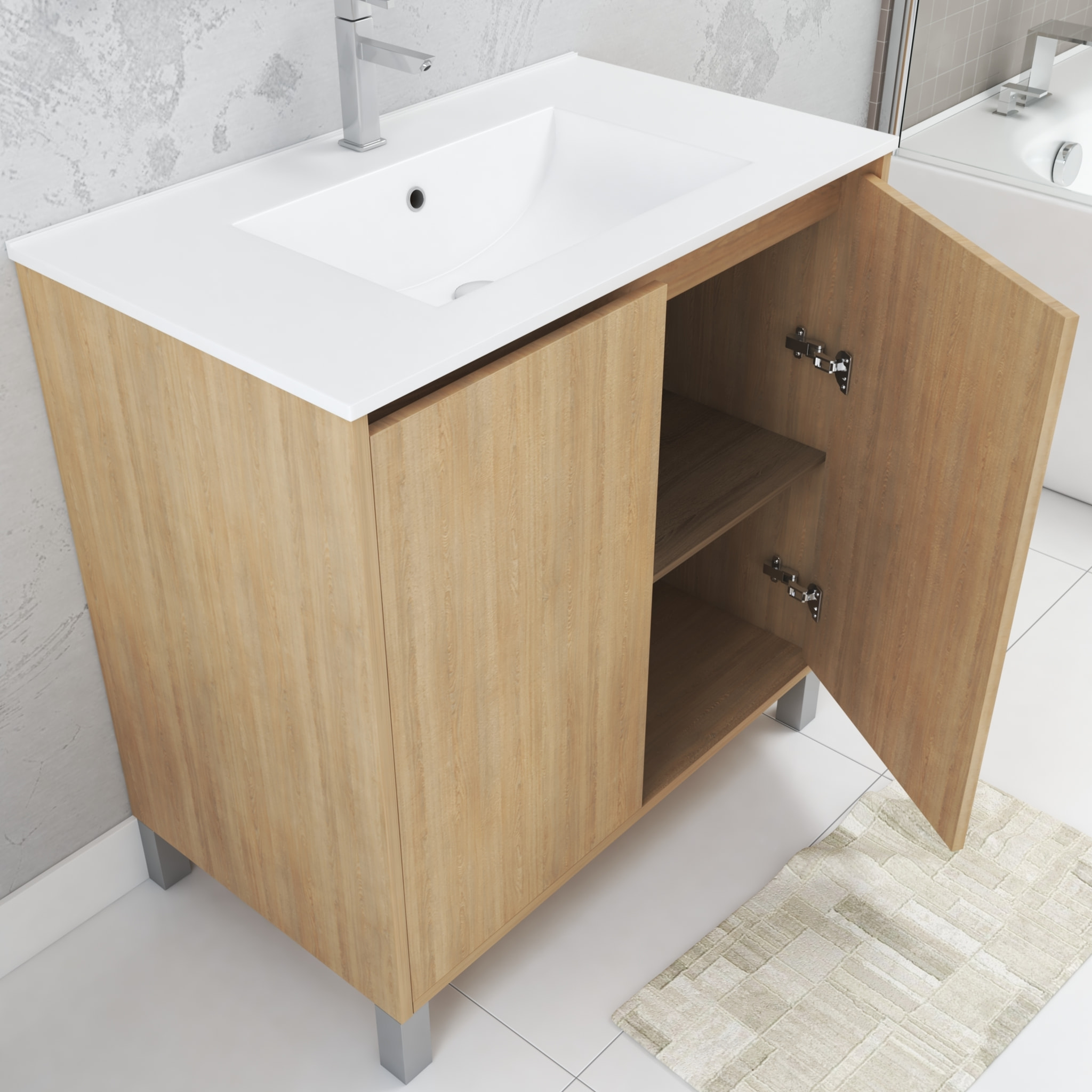 Pack Meuble Salle de Bains 80cm Chêne Clair 2 Portes, Vasque, Miroir 60x80 et réglette Led - XENOS