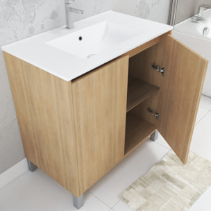Pack Meuble Salle de Bains 80cm Chêne Clair 2 Portes, Vasque, Miroir 60x80 et réglette Led - XENOS