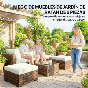 Conjunto de Jardín de Ratán de 6 Piezas, Conjunto Terraza Resistente, Muebles Jardín Exterior Incluye Cojines, 4 Módulos de Asiento, 1 Sofá Esquinero y Mesa Centro de Vidrio, Marrón Mixto