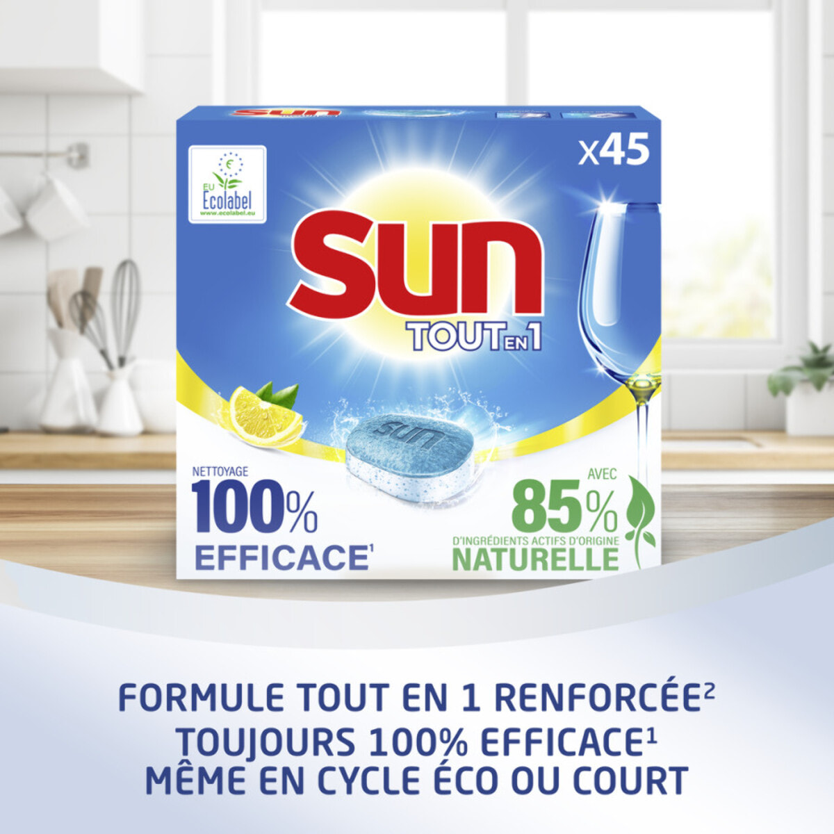 135 lavages - Tablettes Lave-Vaisselle Tout En 1 SUN Citron Ecolabel (Lot de 3x45)