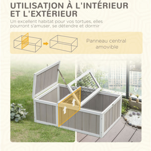 Enclos pour tortue - parc pour tortue - maison pour tortue terrestre - enclos extérieur avec grillage - bois sapin gris blanc