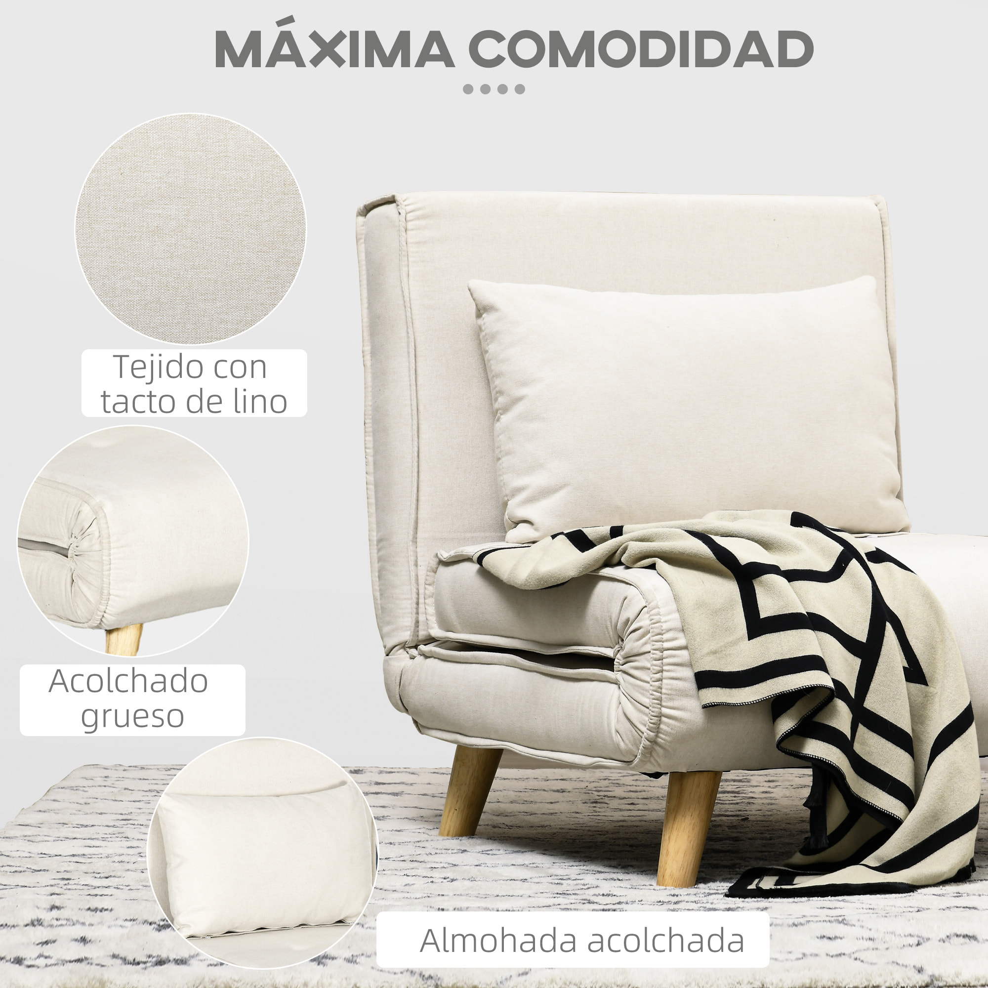 Sofá Cama de 1 Plaza 2 en 1, Sillón Cama Plegable Tapizado en Lino Sintético, con Respaldo Ajustable en 6 Niveles, Almohada, Patas de Madera, para Oficina, Dormitorio, Salón, 72x78x79 cm, Crema