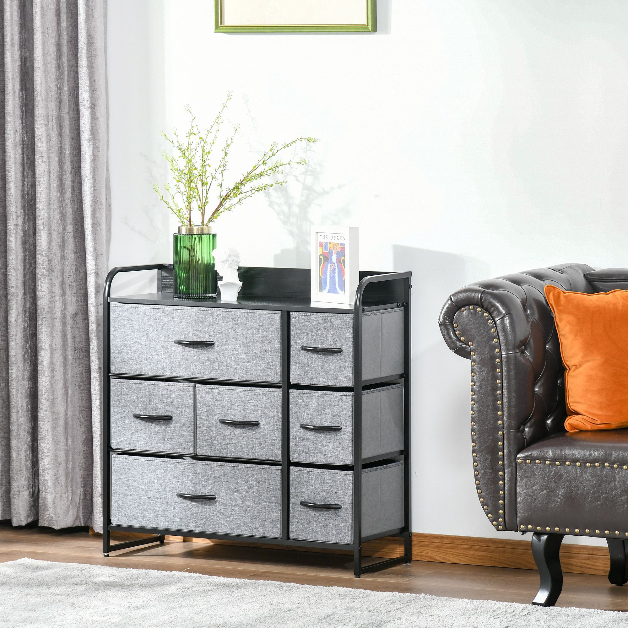 Meuble de rangement commode 7 tiroirs plateau acier MDF noir non tissé gris