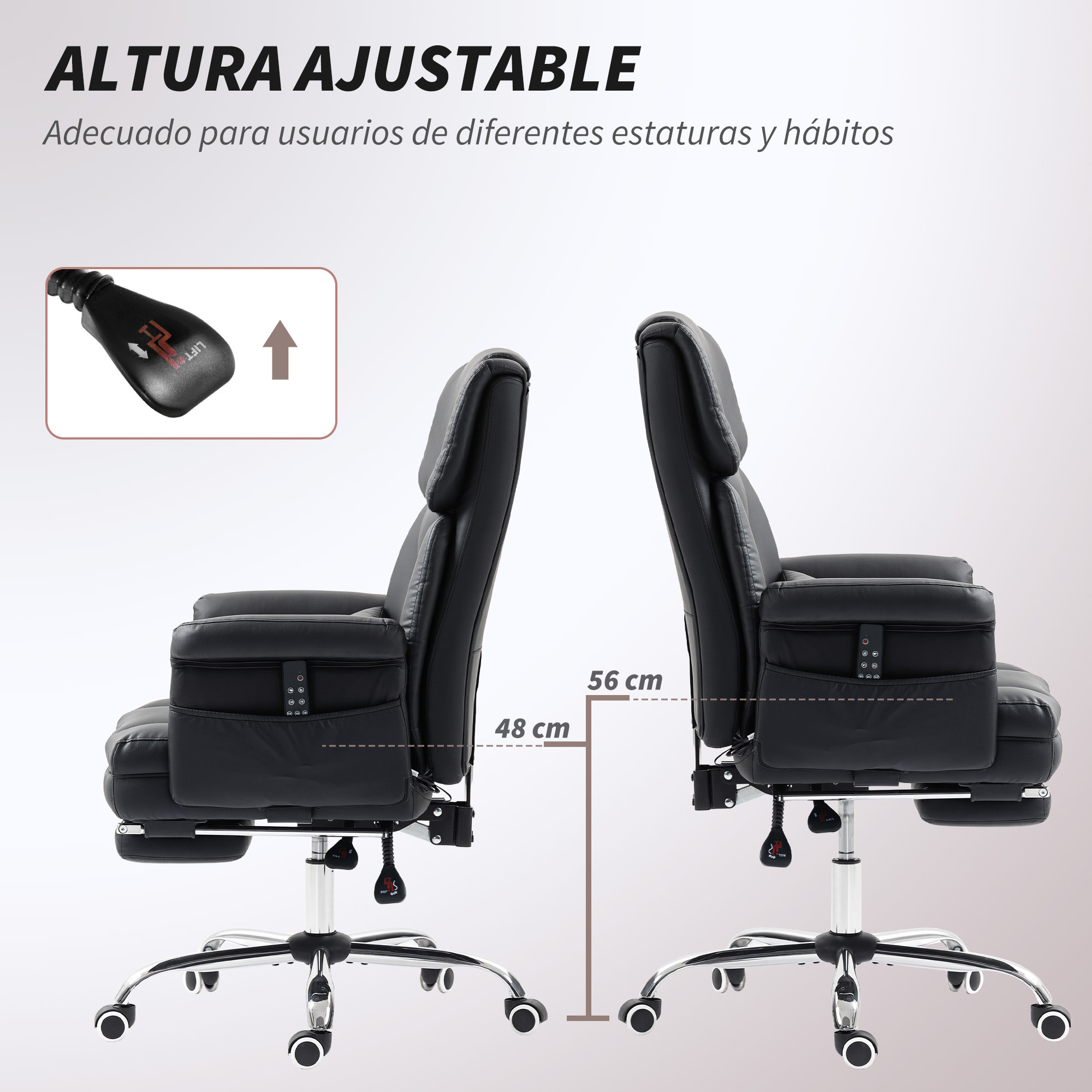 Silla de Oficina con 6 Puntos de Masaje Silla de Masaje Giratoria Silla de Escritorio con Reposapiés Retráctil Altura Ajustable Control Remoto y Soporte Lumbar Tejido de PU Negro