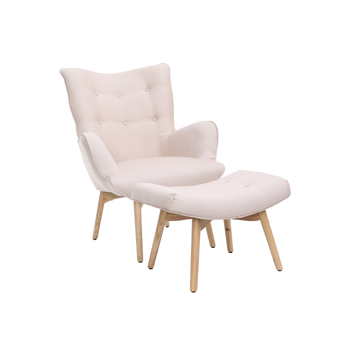 Fauteuil avec repose-pieds scandinave en tissu rose poudré et bois clair BRISTOL