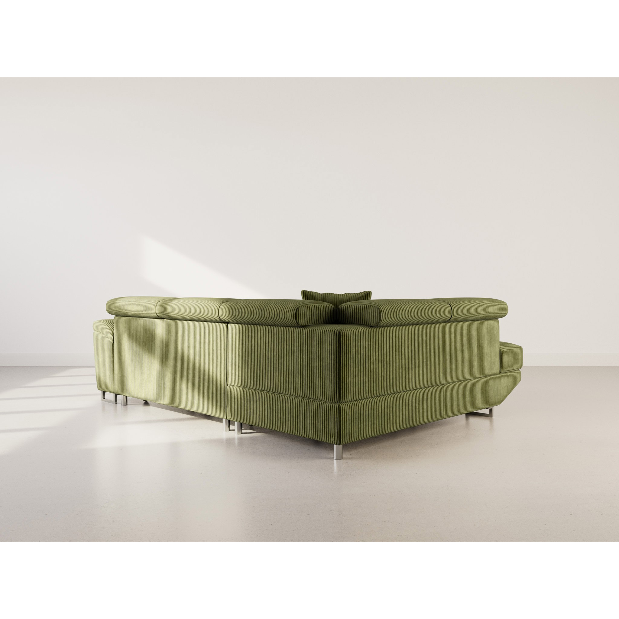 Baoji - Canapé d'angle gauche 5 places convertible avec têtières et coffre en velours côtelé - Vert