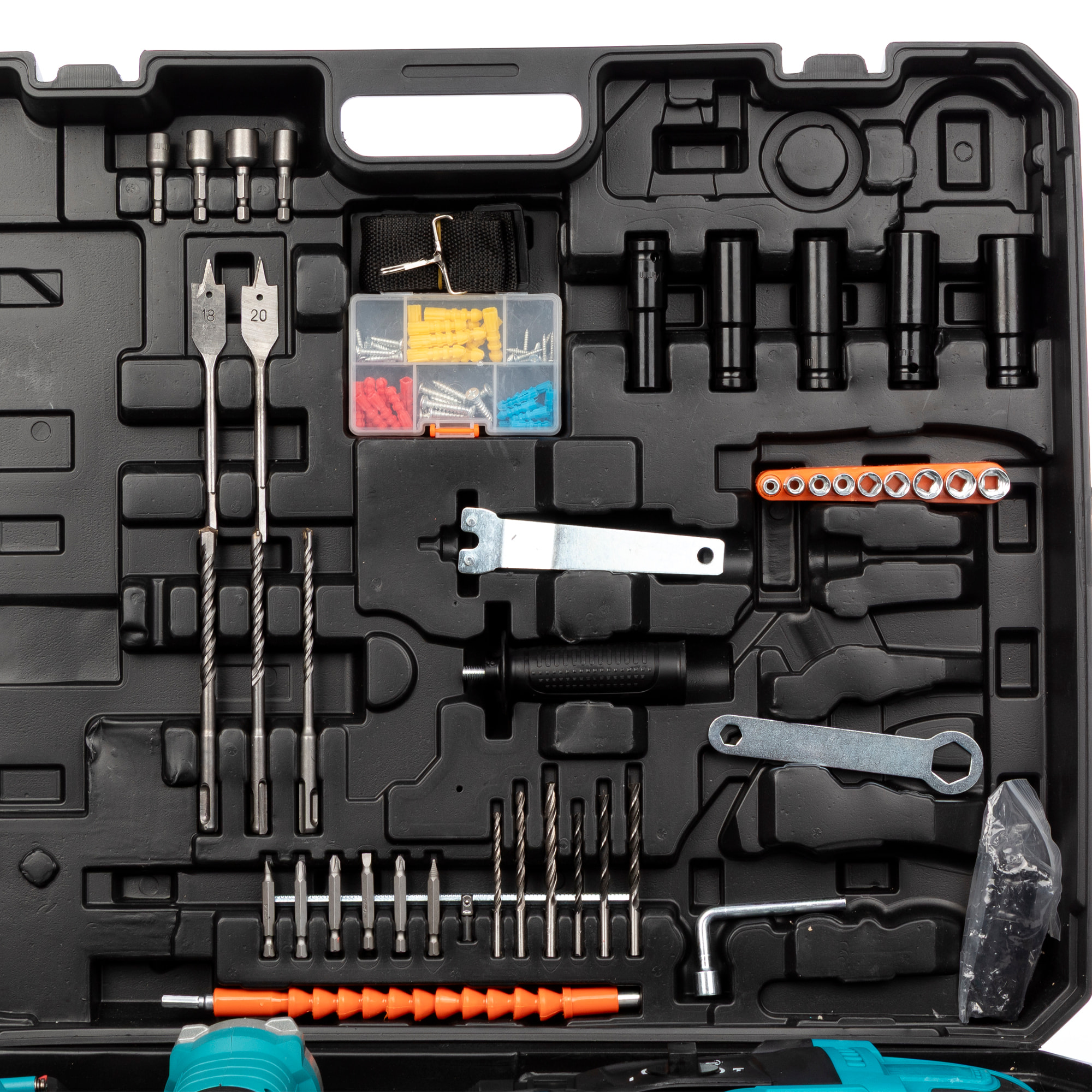 Set di 5 strumenti elettrici, smerigliatrice angolare, trapano a percussione, trapano, seghetto alternativo e chiave ad impatto.