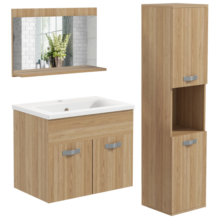 Conjunto de Muebles de Baño de Pared de 3 Piezas, Incluye Espejo, Mueble de Baño con Lavabo Cerámico, Armario Alto con Estantes Ajustables, Estilo Moderno, Natural