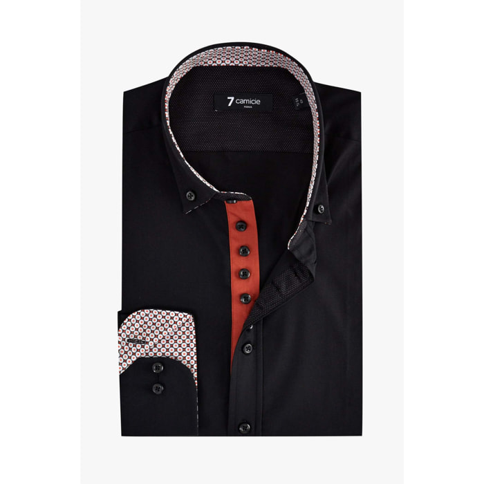 Camicia Uomo 1 Bottoni Button Down Slim Popeline Stretch Unito Nero
