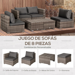 Conjunto 8 Piezas de Sofás Ratán con Mesa de Centro y Reposapiés