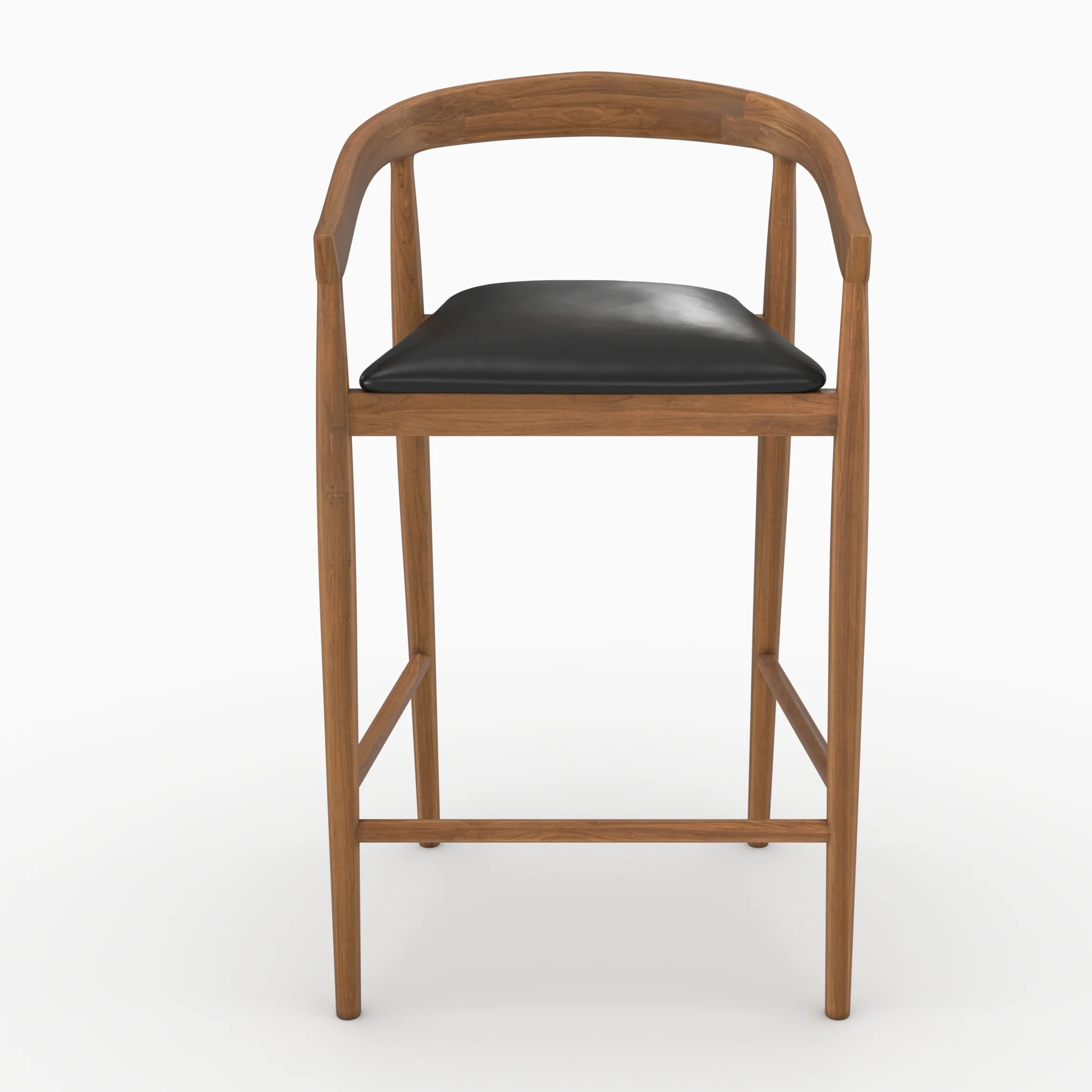 Lot de 2 chaises de bar 77 cm en teck vernis et assise en cuir noir - Bali