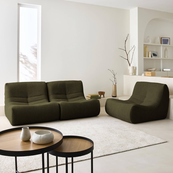 Lot de 3 fauteuils chauffeuses en bouclette texturée kaki foncé style contemporain 1 place