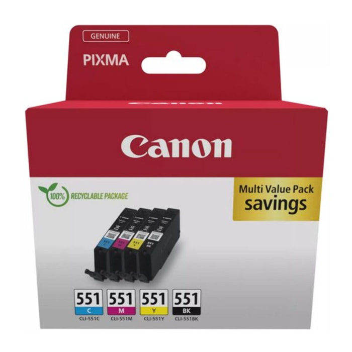 Cartouche d'encre CANON Pack Multipack 4 Originales CLI-551 Couleurs (C/M/Y/BK Photo) - 6509B009