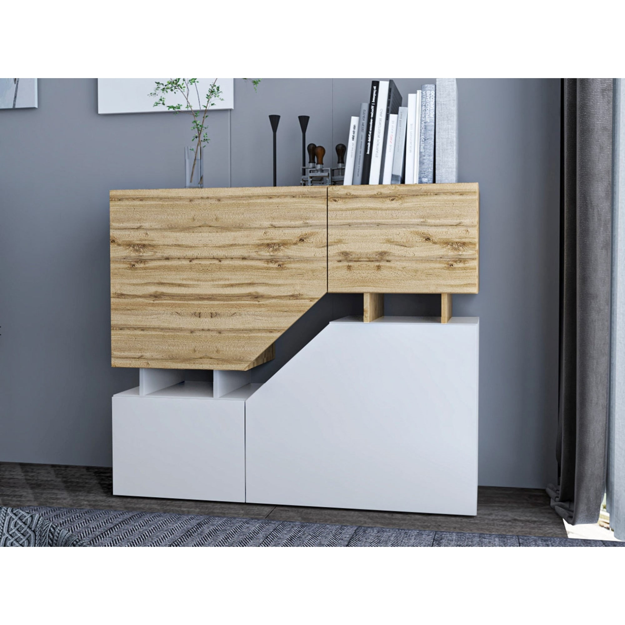 Pitt - buffet haut - 4 portes - 120 cm - Bois / Blanc
