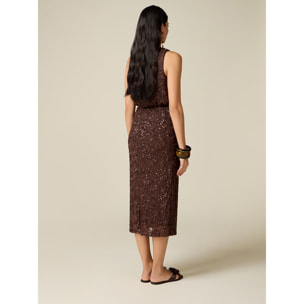 Oltre - Gonna tubino in tulle con paillettes - Marrone