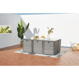 Table et chaises 6 places encastrables en résine gris-blanc REGINA