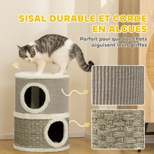 Arbre à chat cylindrique - tour à griffer pour chat - arbre à chat tour - tonneau griffoir - 2 niches + plateforme - sisal corde d'algues beige