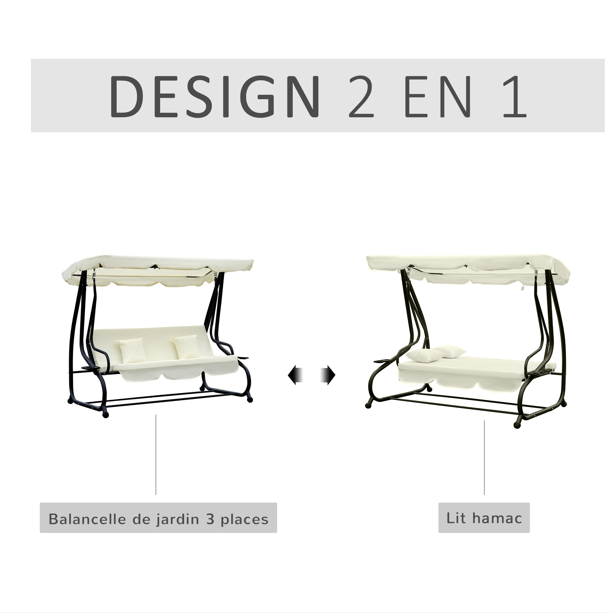 Balancelle de jardin 3 places convertible gris crème