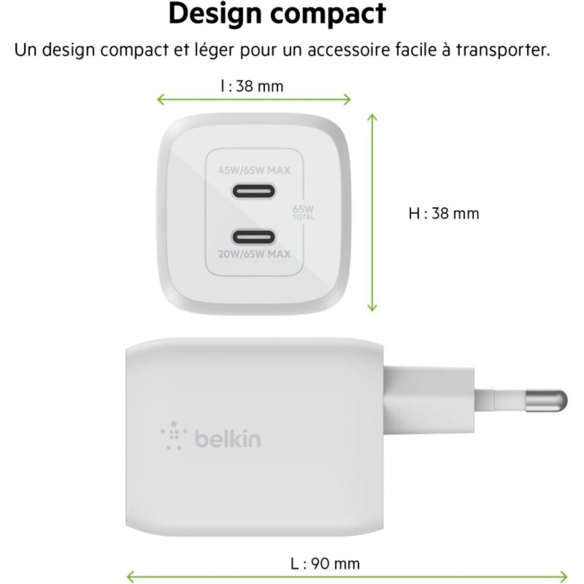 Adaptateur de voyage BELKIN USB C x2 65W GaN PPS Blanc