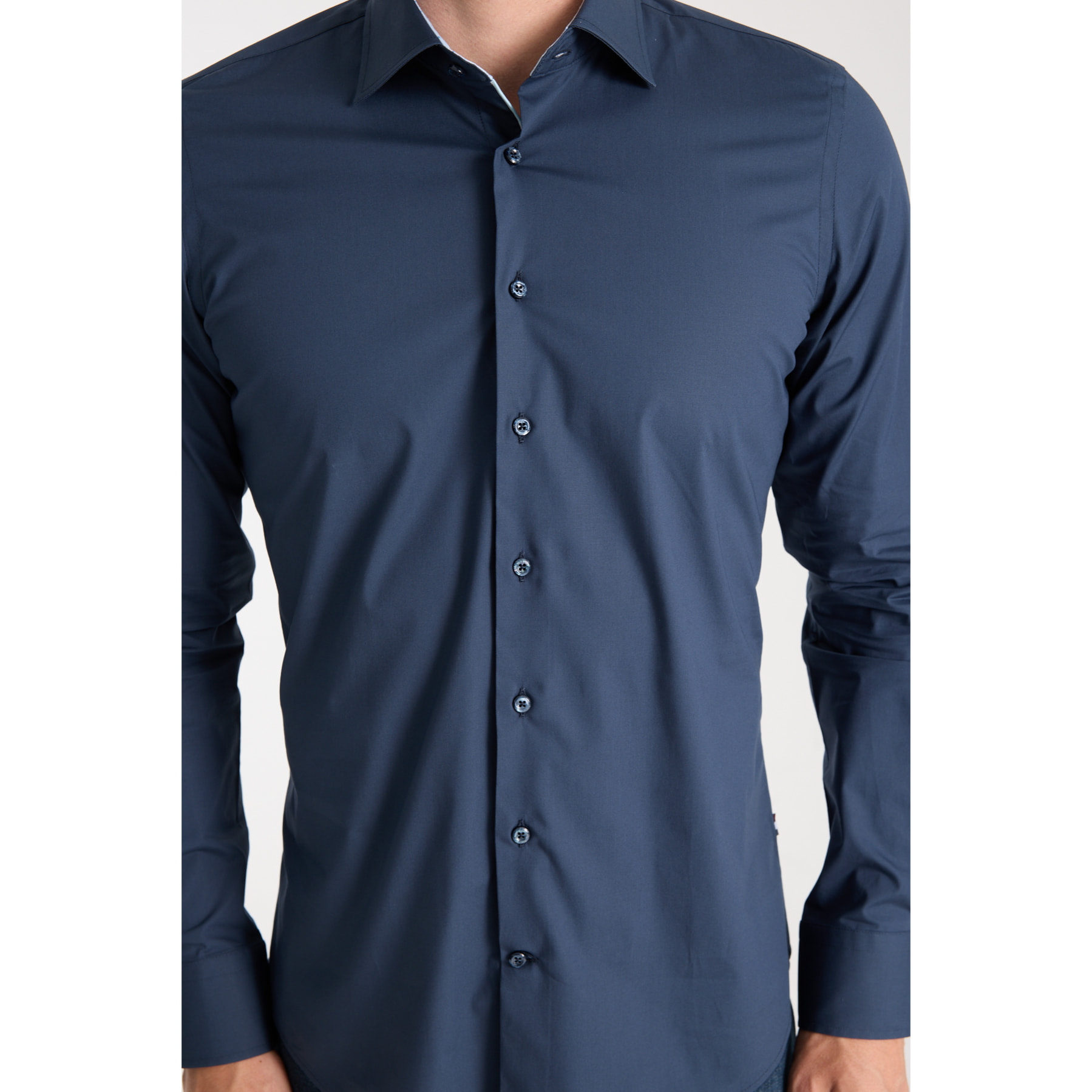 Camicia Uomo 1 Bottone Francese Slim Popeline Stretch Unito Blu