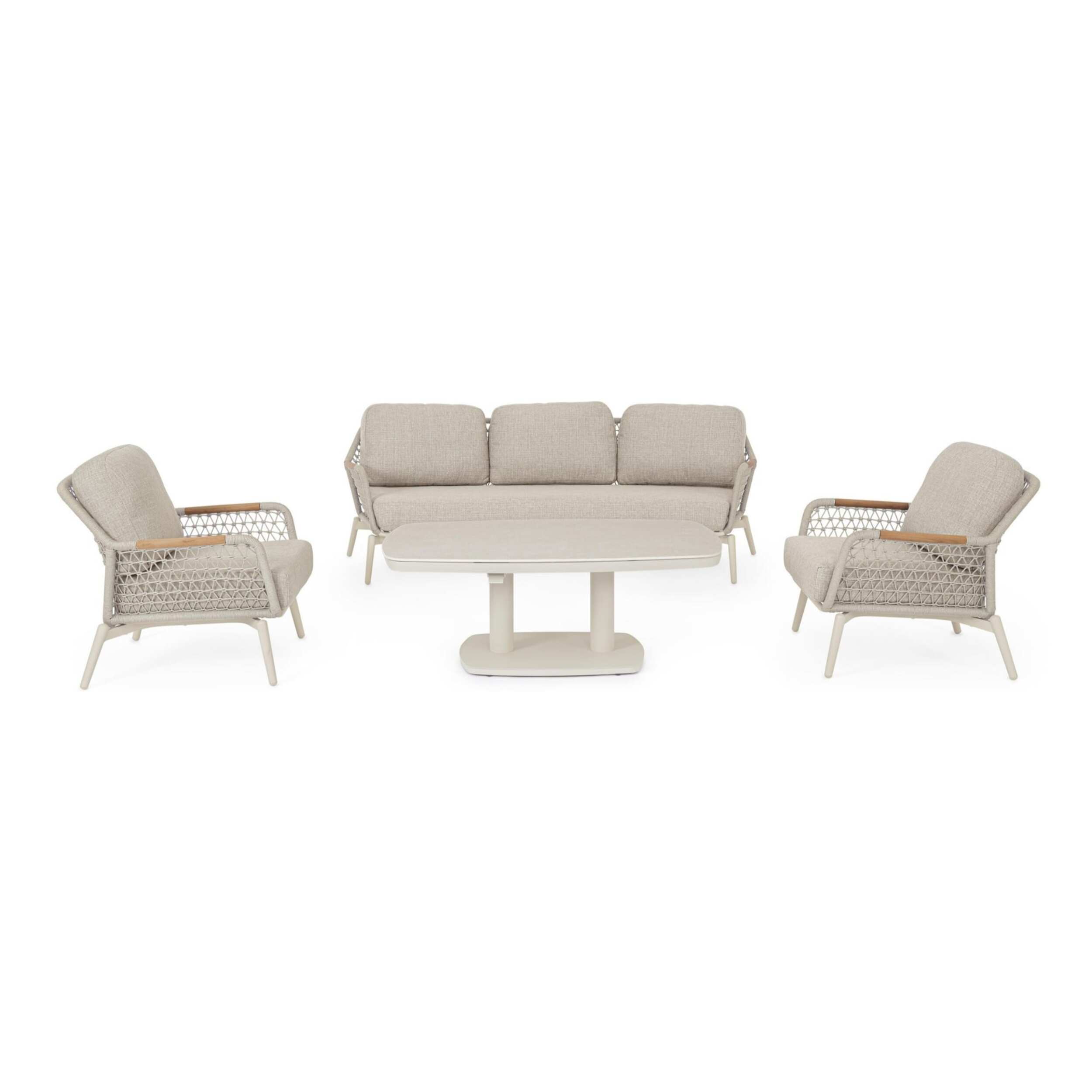 Poltrona da giardino SEVILLA con intreccio in corda, cuscini beige e struttura in alluminio beige