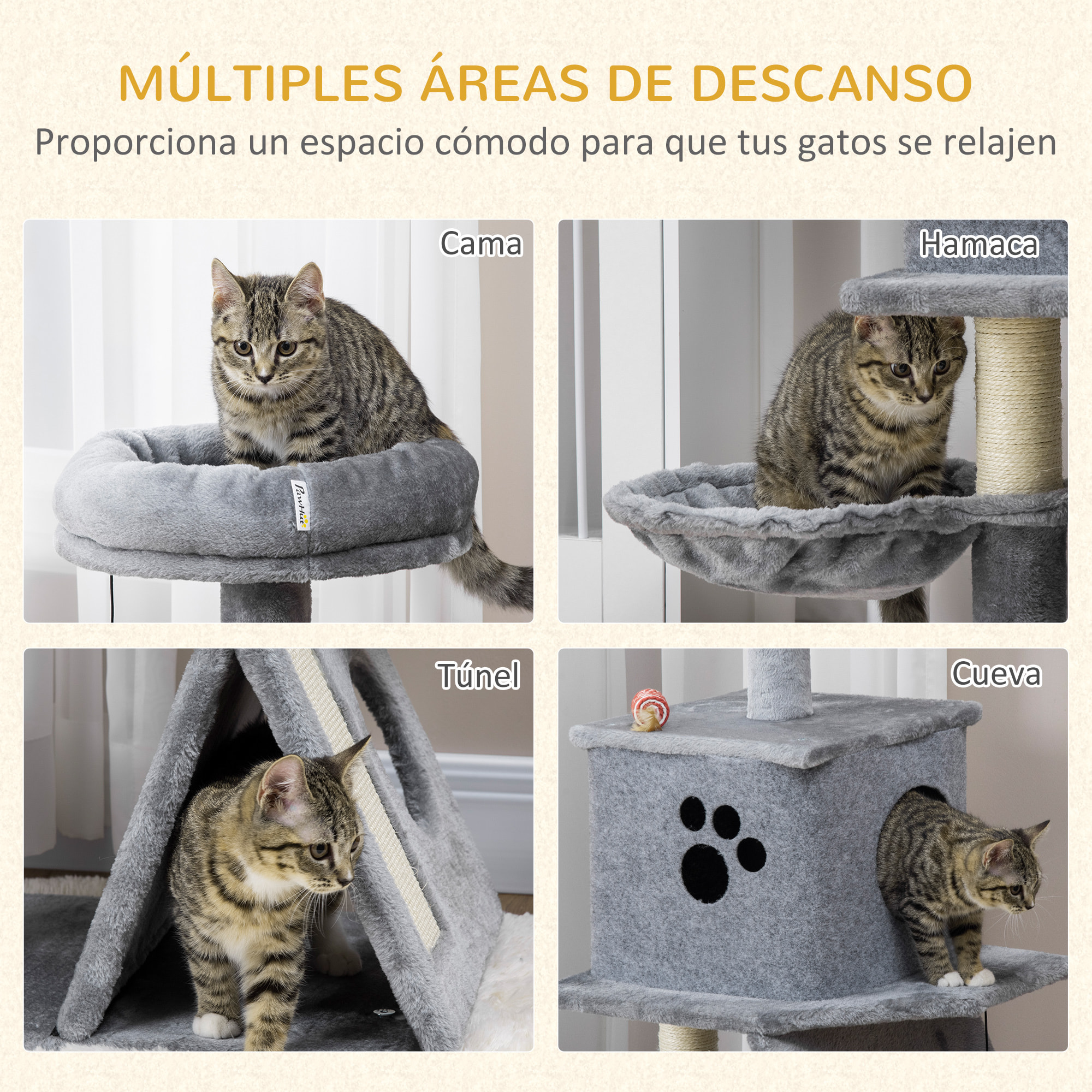 Árbol Rascador para Gatos Altura 111 cm con Cama Cueva Hamaca Bola Colgante Gris