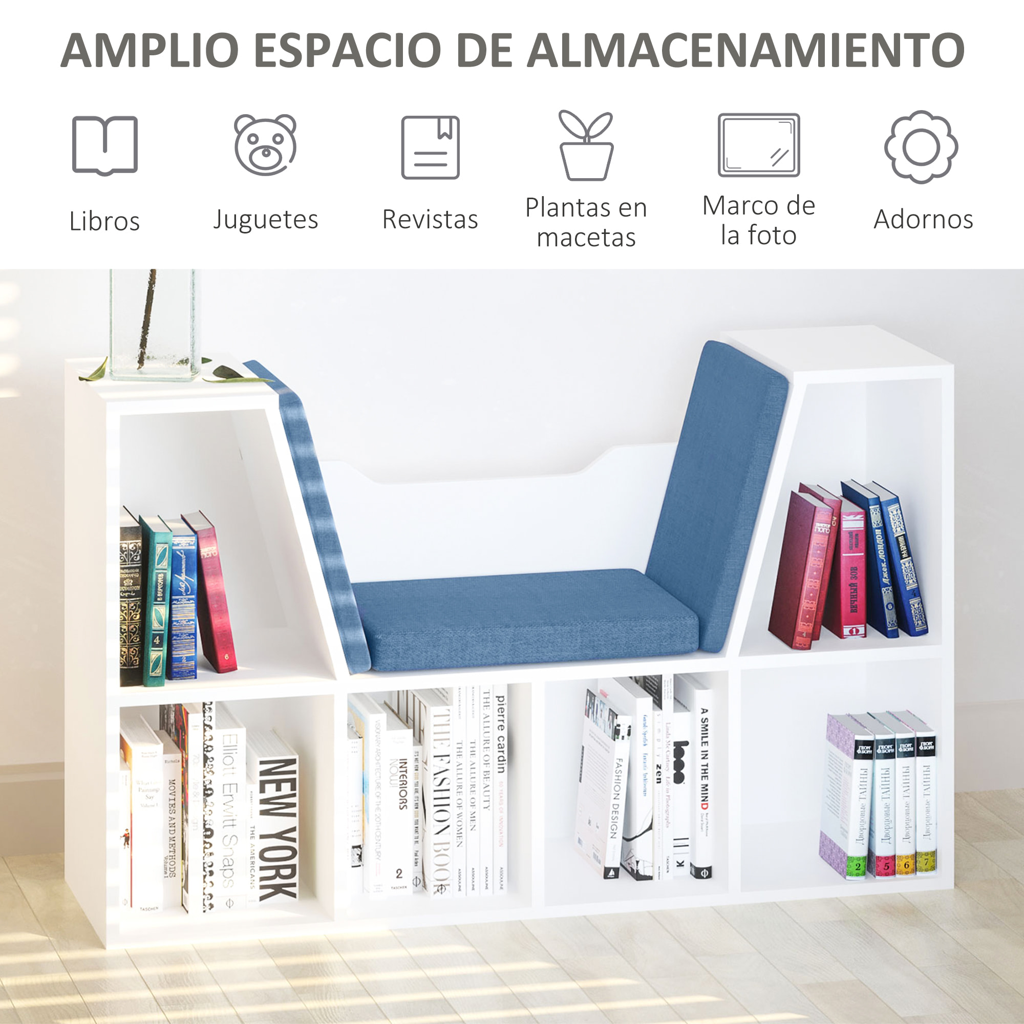 Librería con Asiento Estantería de Libros con 6 Cubos Zapatero con Banco con Cojín Multiusos para Sala de Estar Oficina Dormitorio 102x30x61cm Blanco y Azul