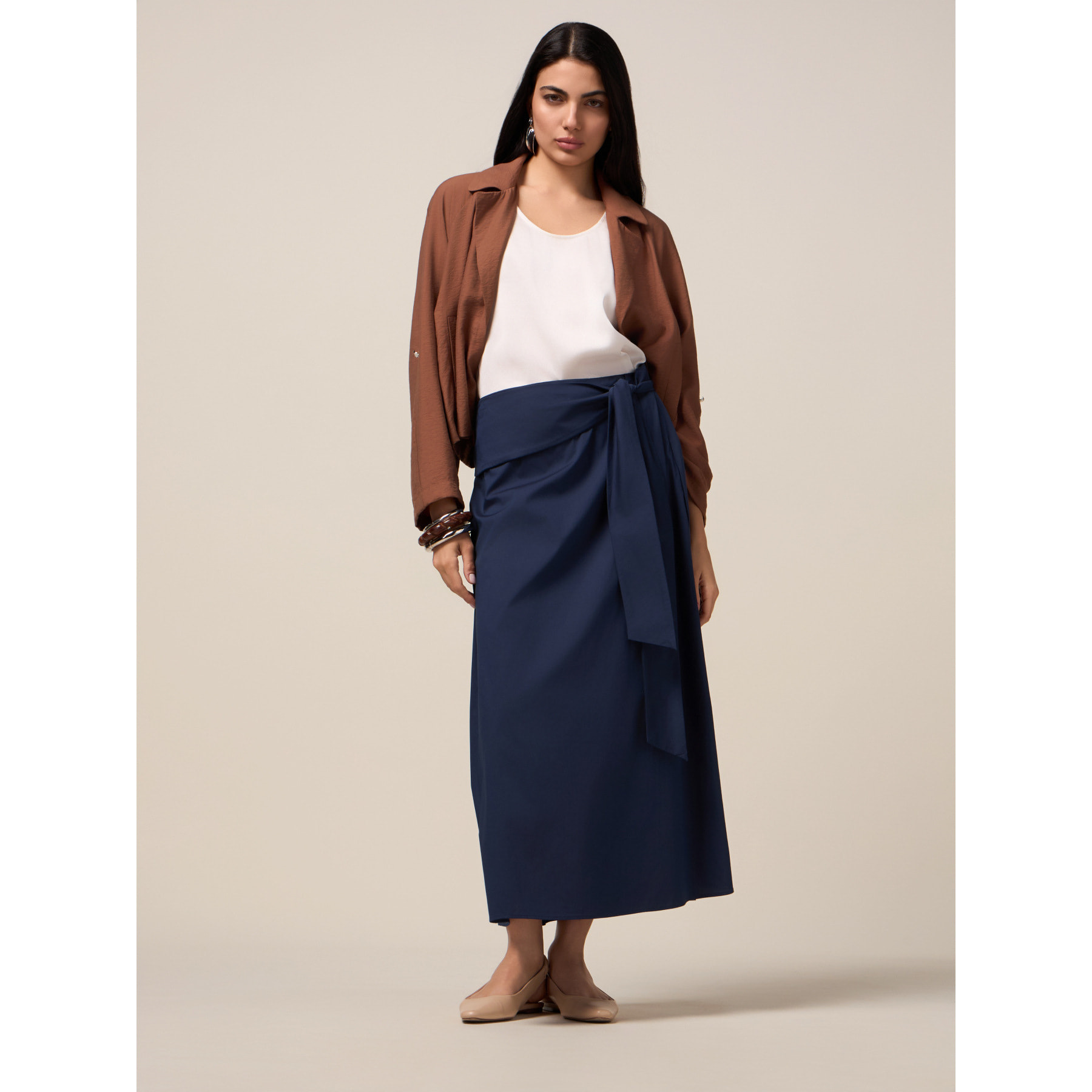 Oltre - Falda midi de popelina con fajín - Azul